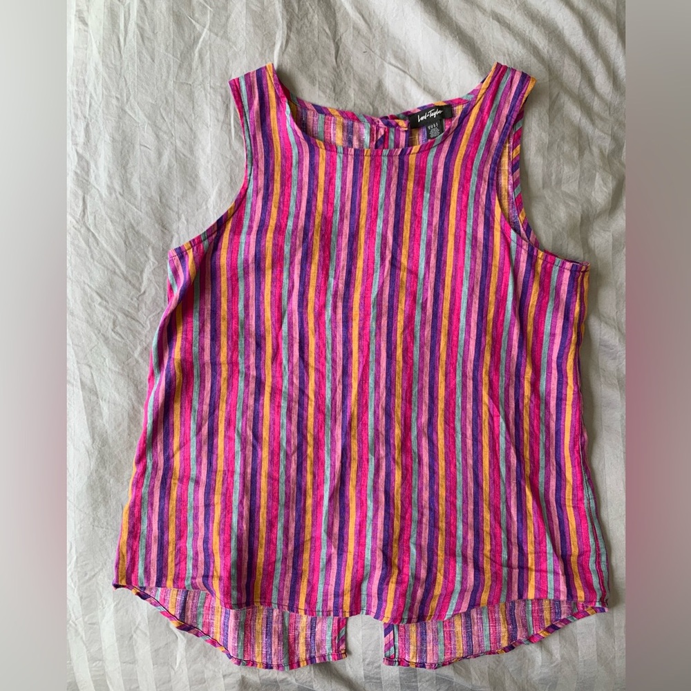 Lord & Taylor Pink Muliticolour Striped Relaxed LinenTank Top